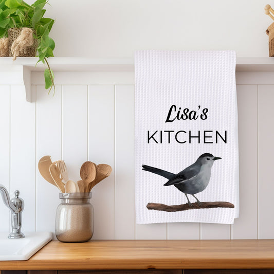 Gray Catbird Kitchen Towel - MerikaArt