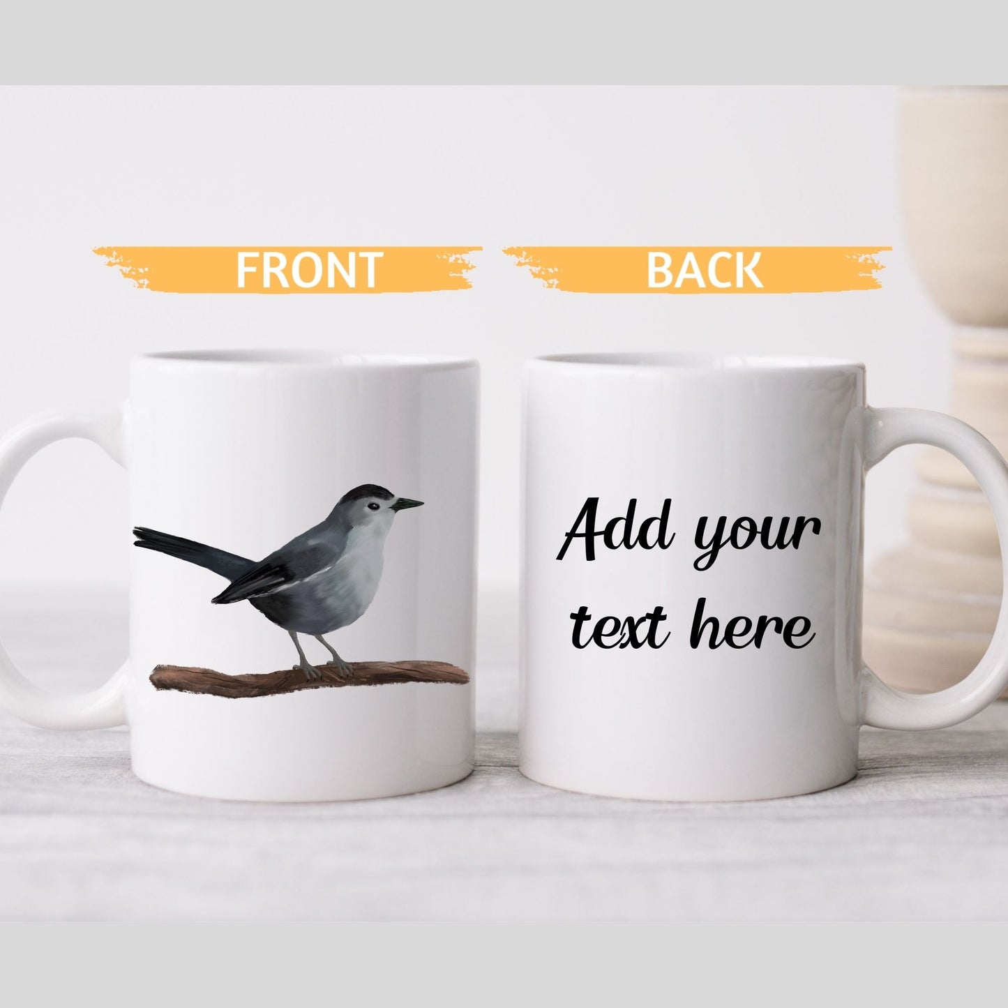 Gray Catbird Mug with Artistic Illustration - MerikaArt