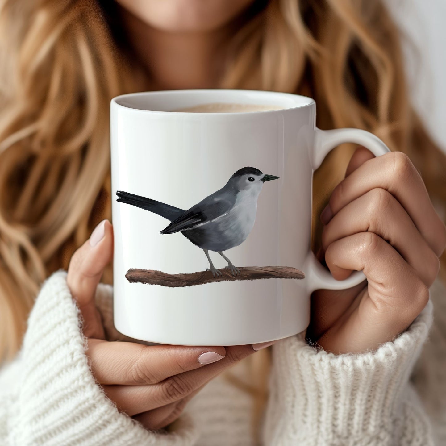 Gray Catbird Mug with Artistic Illustration - MerikaArt