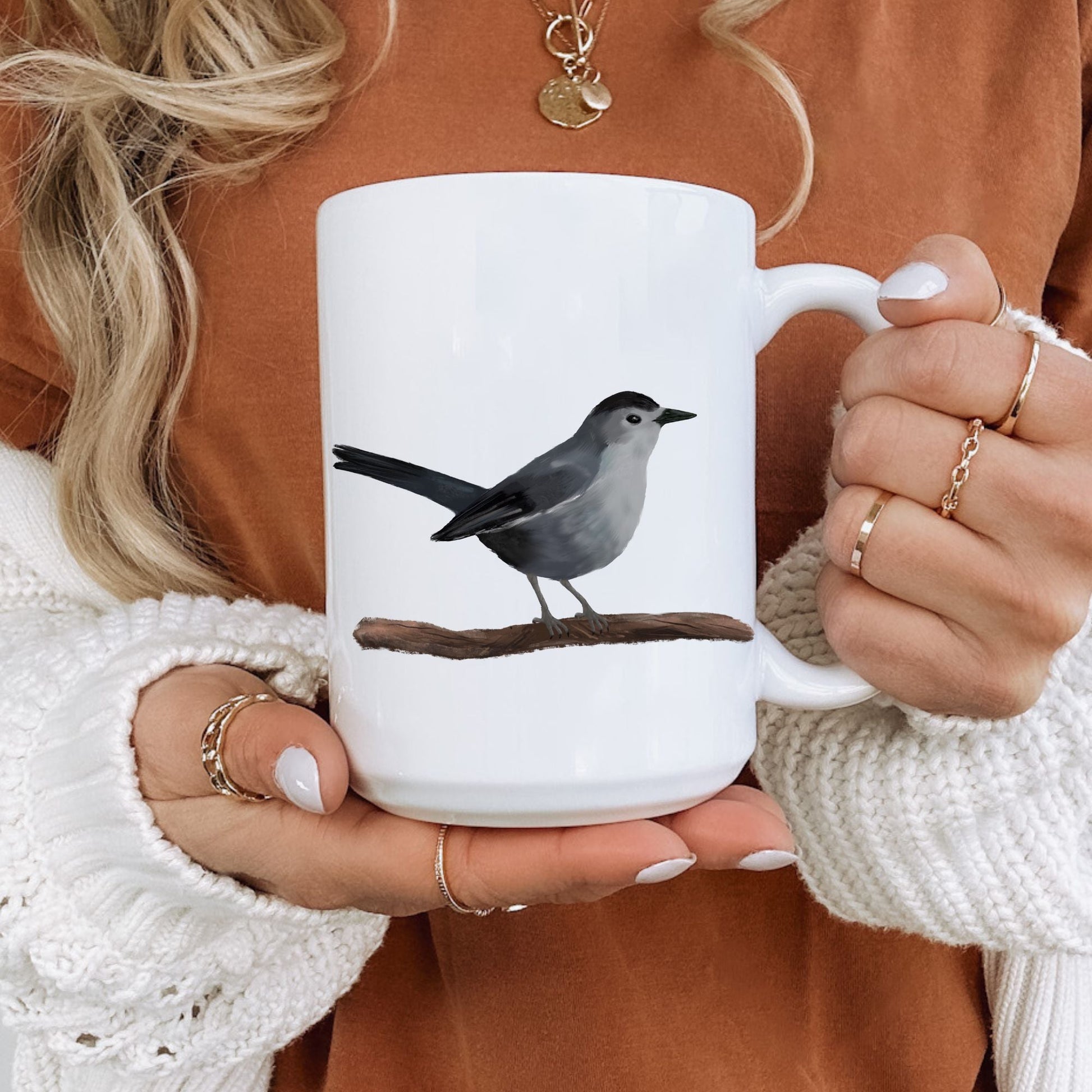 Gray Catbird Mug with Artistic Illustration - MerikaArt