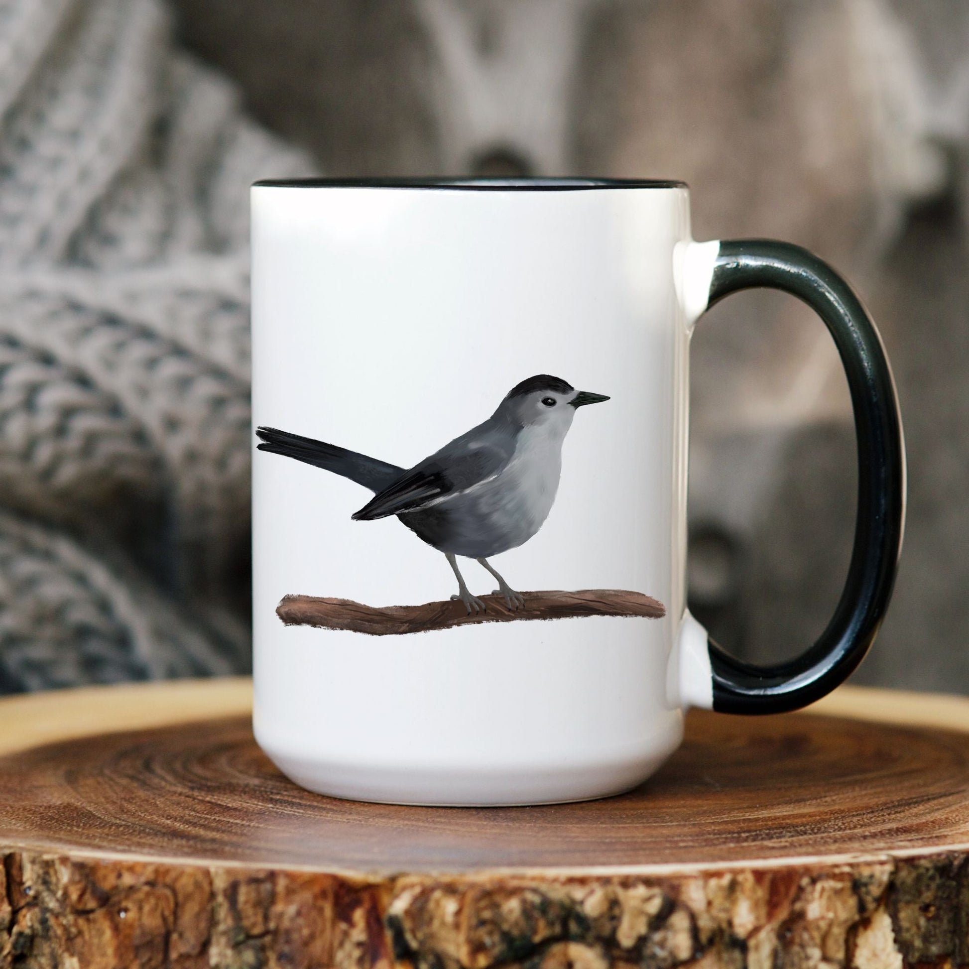 Gray Catbird Mug with Artistic Illustration - MerikaArt