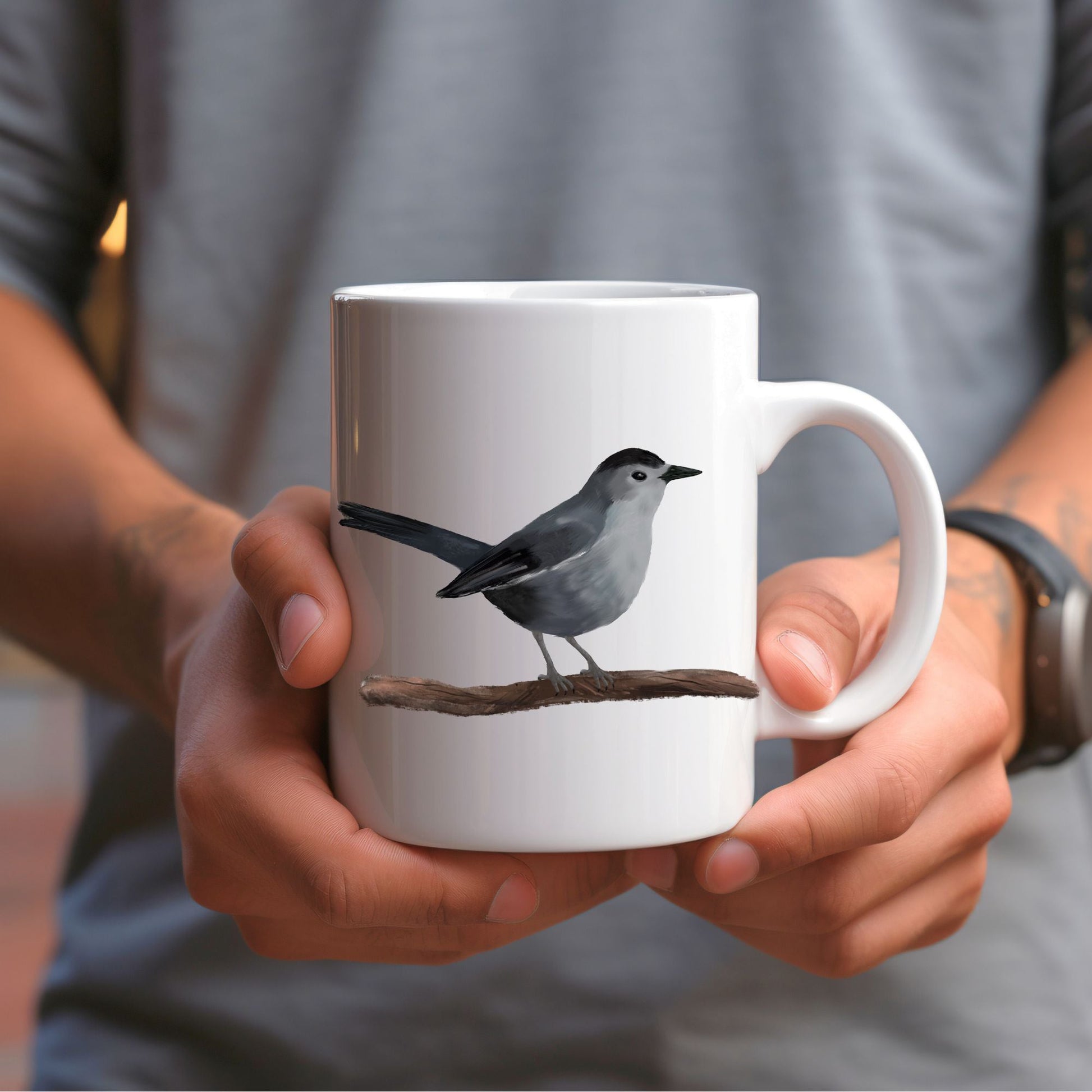 Gray Catbird Mug with Artistic Illustration - MerikaArt