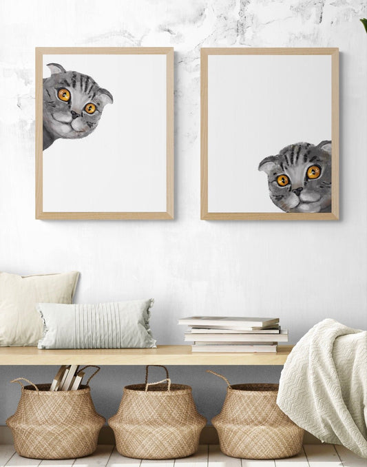 Gray Scottish Fold Peekaboo Cat Set of 2 Print - MerikaArt