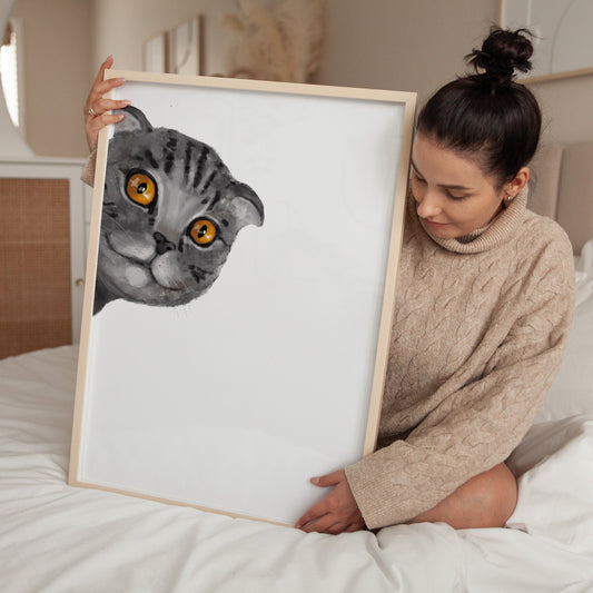 Gray Scottish Fold Peekaboo Cat Wall Art - MerikaArt