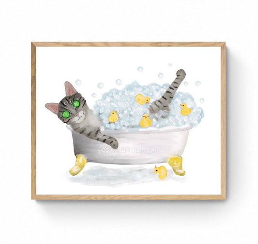 Gray Tabby Cat Bathing Print, Funny Bubble Bath Time, Bathroom Cat Painting, Cat Relaxing In Bath Print, Cat Lover Gift, Ct Mom Dad Gift - MerikaArt