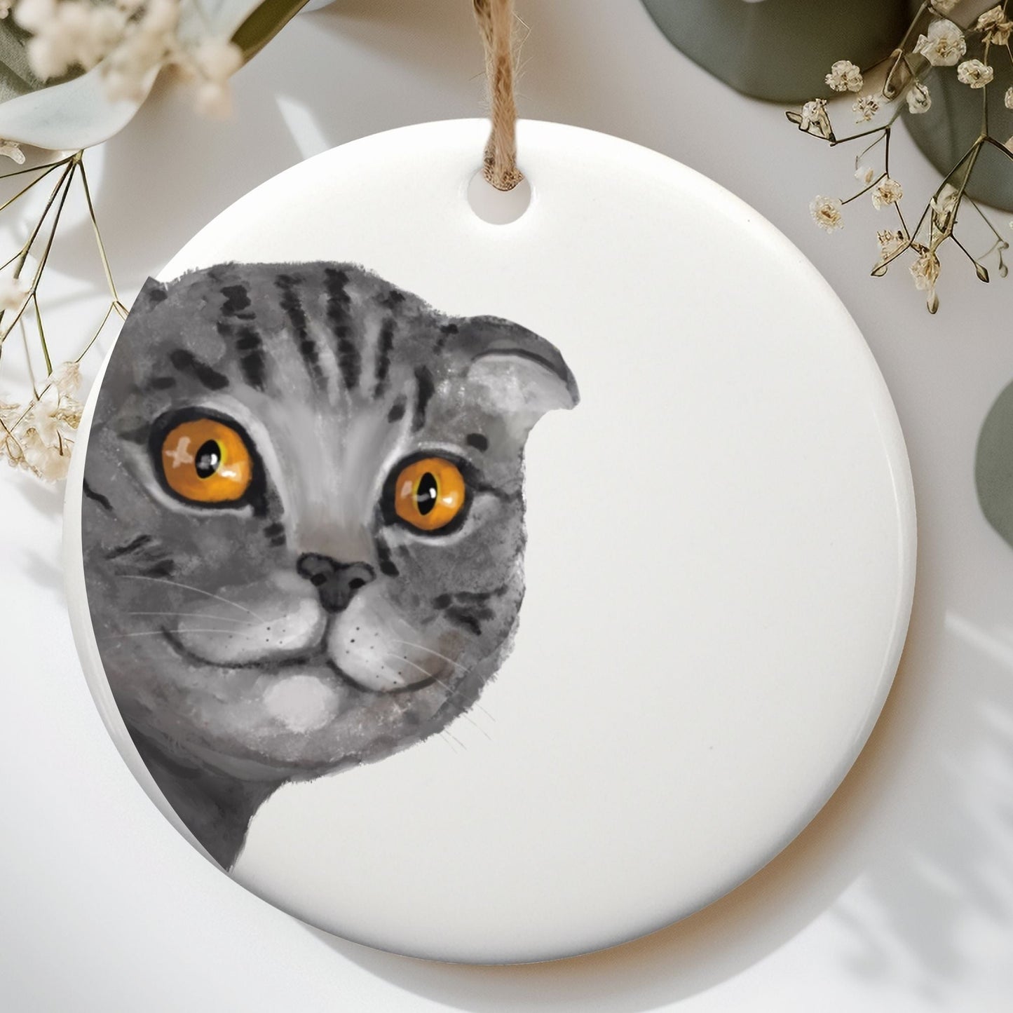 Gray Tabby Cat Ceramic Ornament - MerikaArt