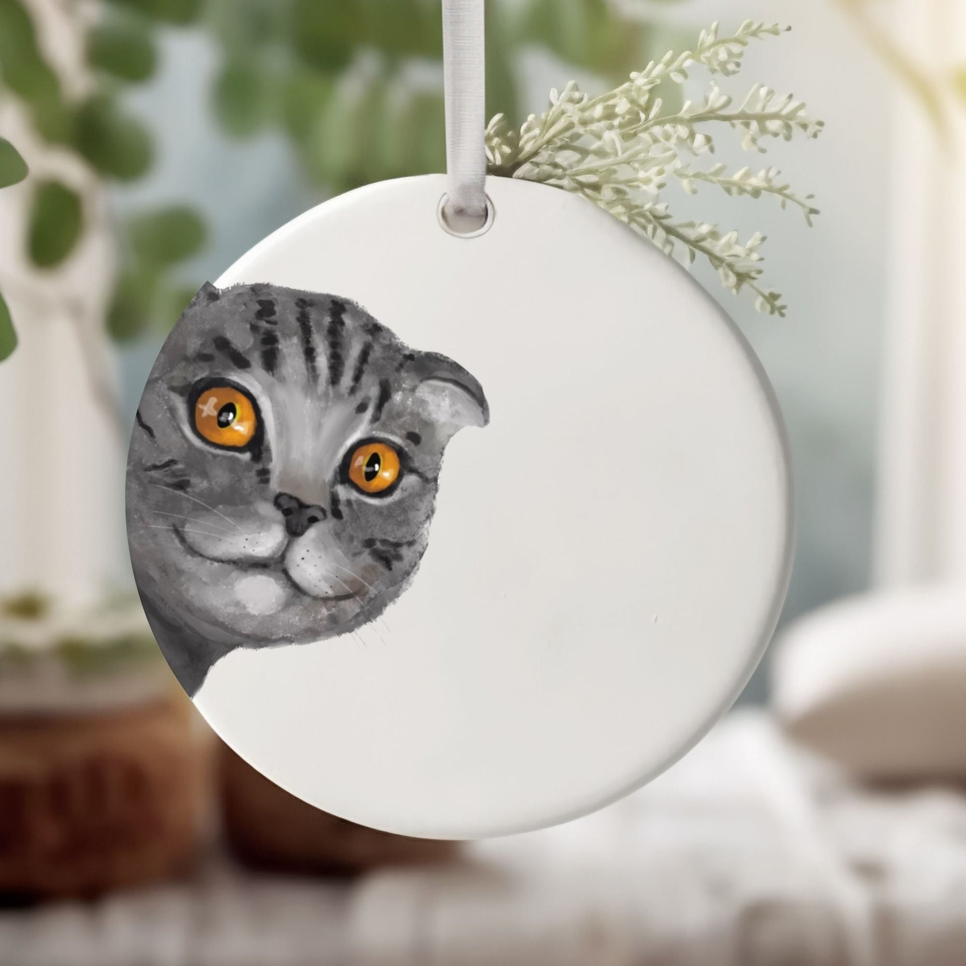 Gray Tabby Cat Ceramic Ornament - MerikaArt