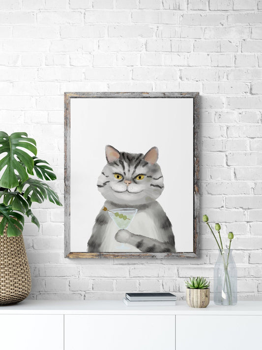 Gray Tabby Cat Drinking Martini Print - MerikaArt