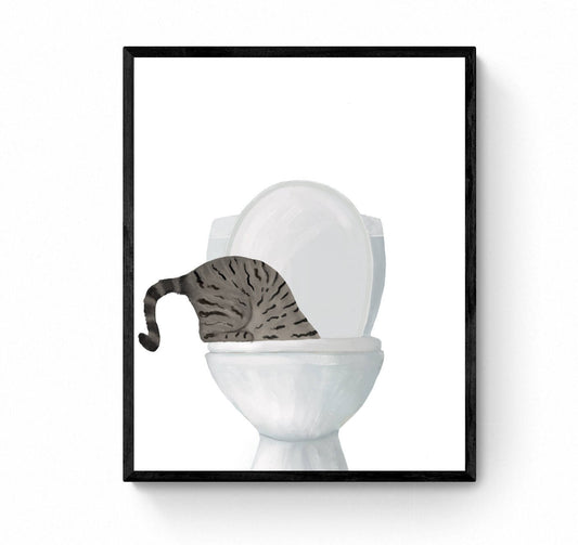 Gray Tabby Cat Drinking Water From Toilet Art, Fat GrayTabby Cat Print, Bathroom Decor, Cat Painting, Kitty Licking Water From Toilet Art, - MerikaArt