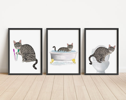 Gray Tabby Cat In Bathroom Art Print - Set of 3 - MerikaArt