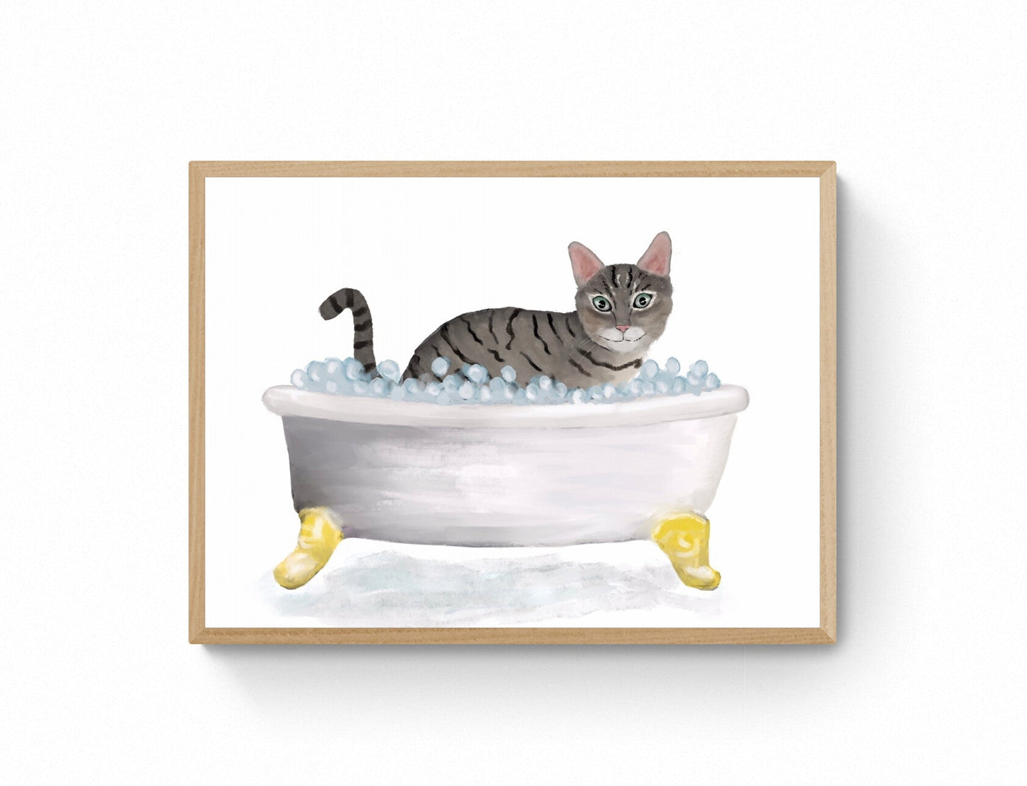 Gray Tabby Cat in Bathtub Art Print – Playful Bathroom Wall Decor - MerikaArt