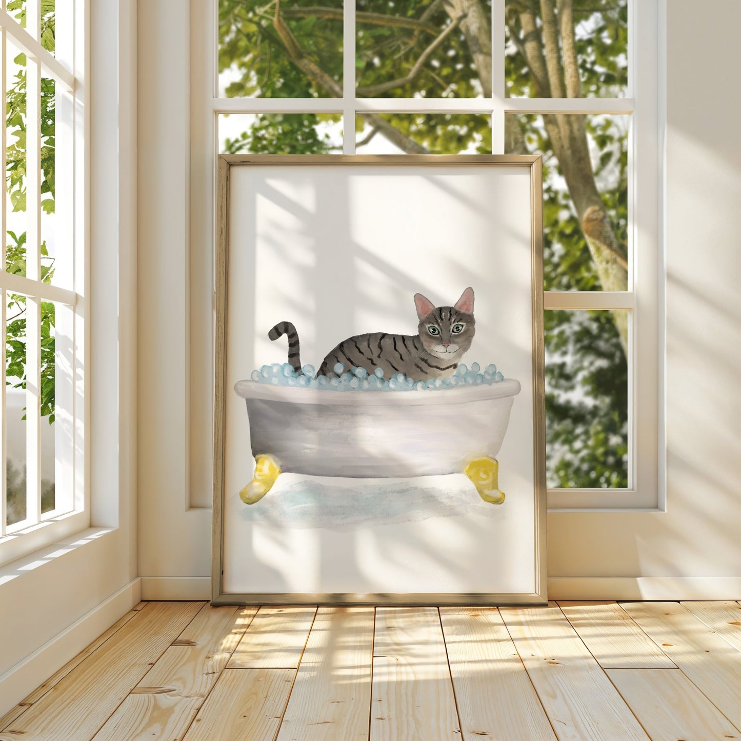 Gray Tabby Cat in Bathtub Art Print – Playful Bathroom Wall Decor - MerikaArt