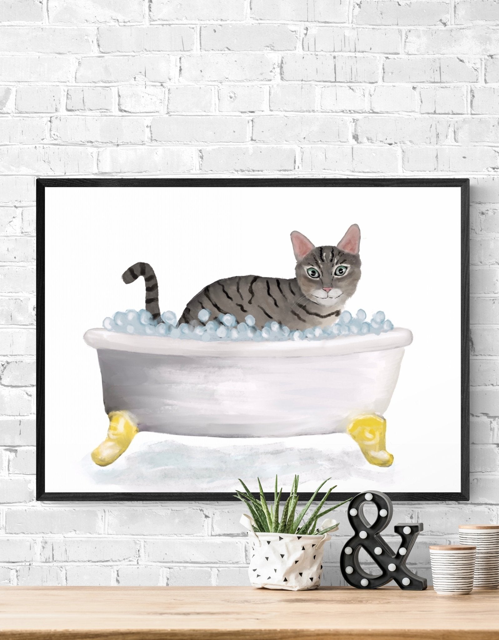 Gray Tabby Cat in Bathtub Art Print – Playful Bathroom Wall Decor - MerikaArt