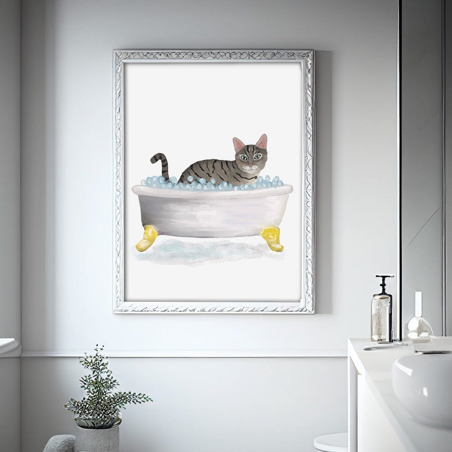 Gray Tabby Cat in Bathtub Art Print – Playful Bathroom Wall Decor - MerikaArt