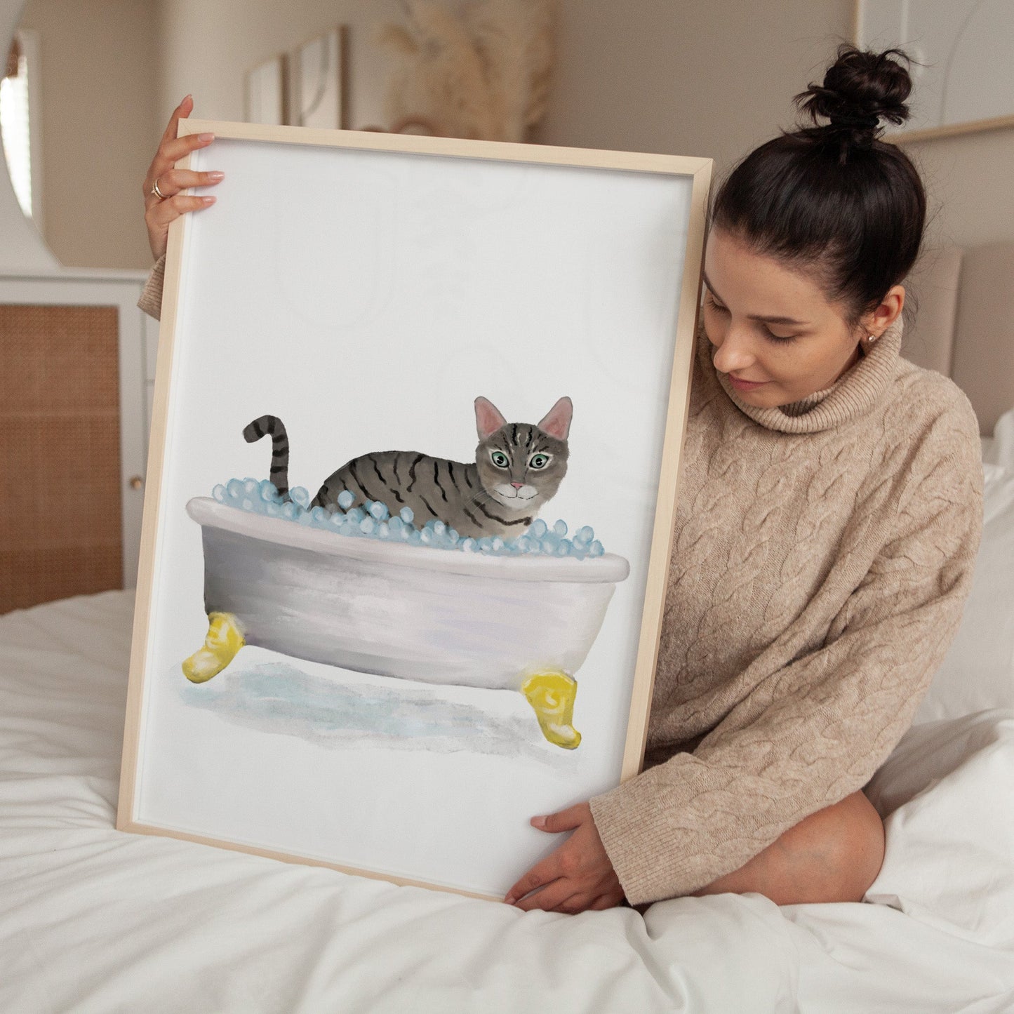 Gray Tabby Cat in Bathtub Art Print – Playful Bathroom Wall Decor - MerikaArt