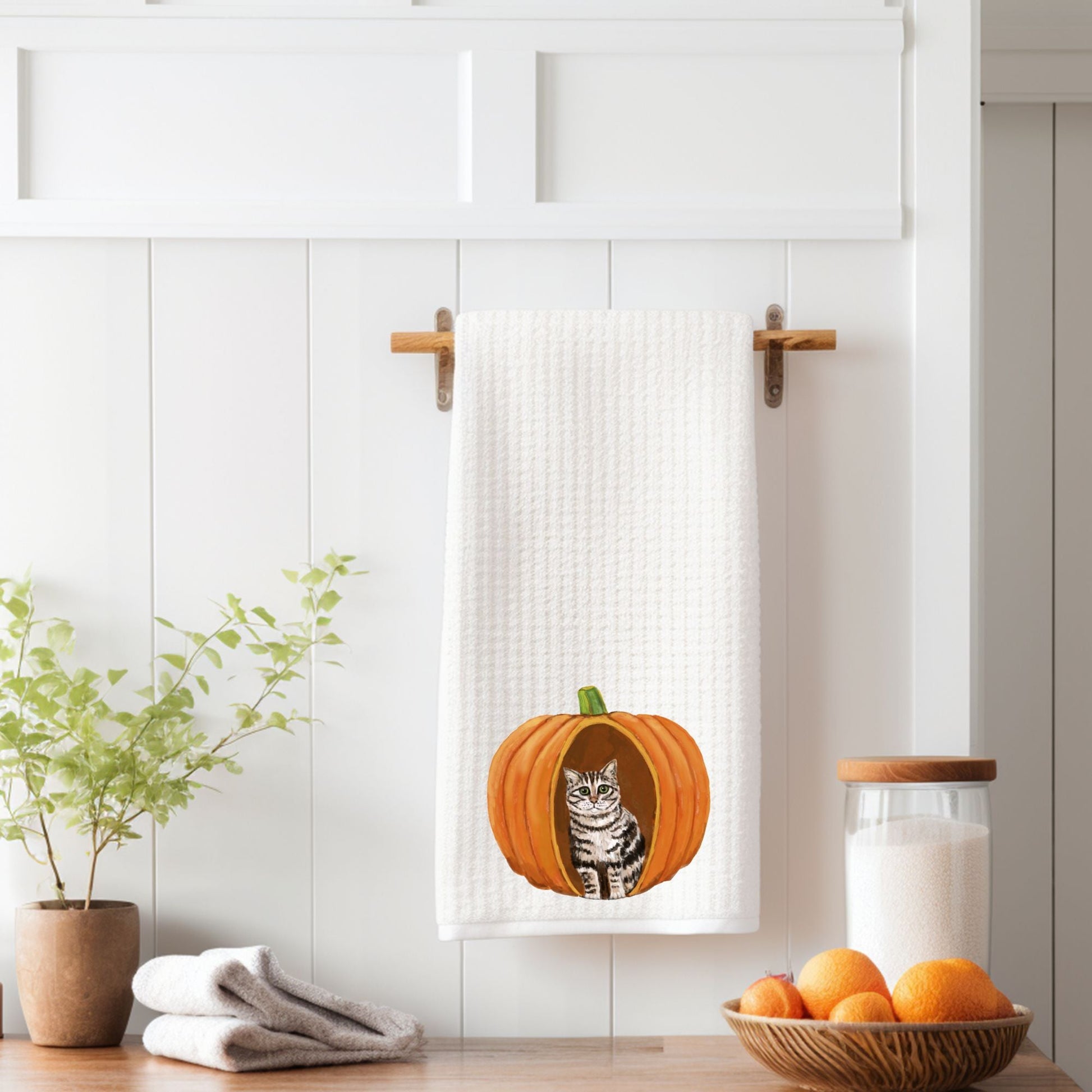 Gray Tabby Cat in Pumpkin Kitchen Towel - MerikaArt