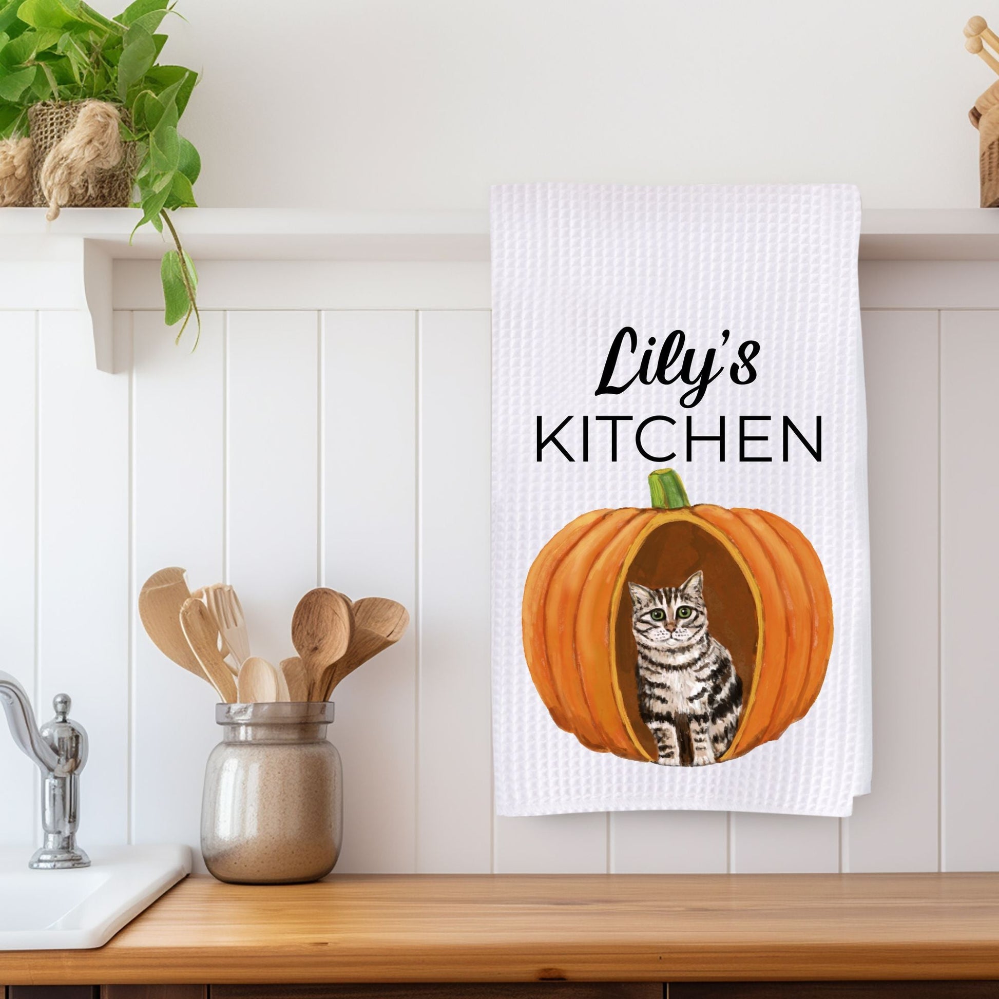 Gray Tabby Cat in Pumpkin Kitchen Towel - MerikaArt