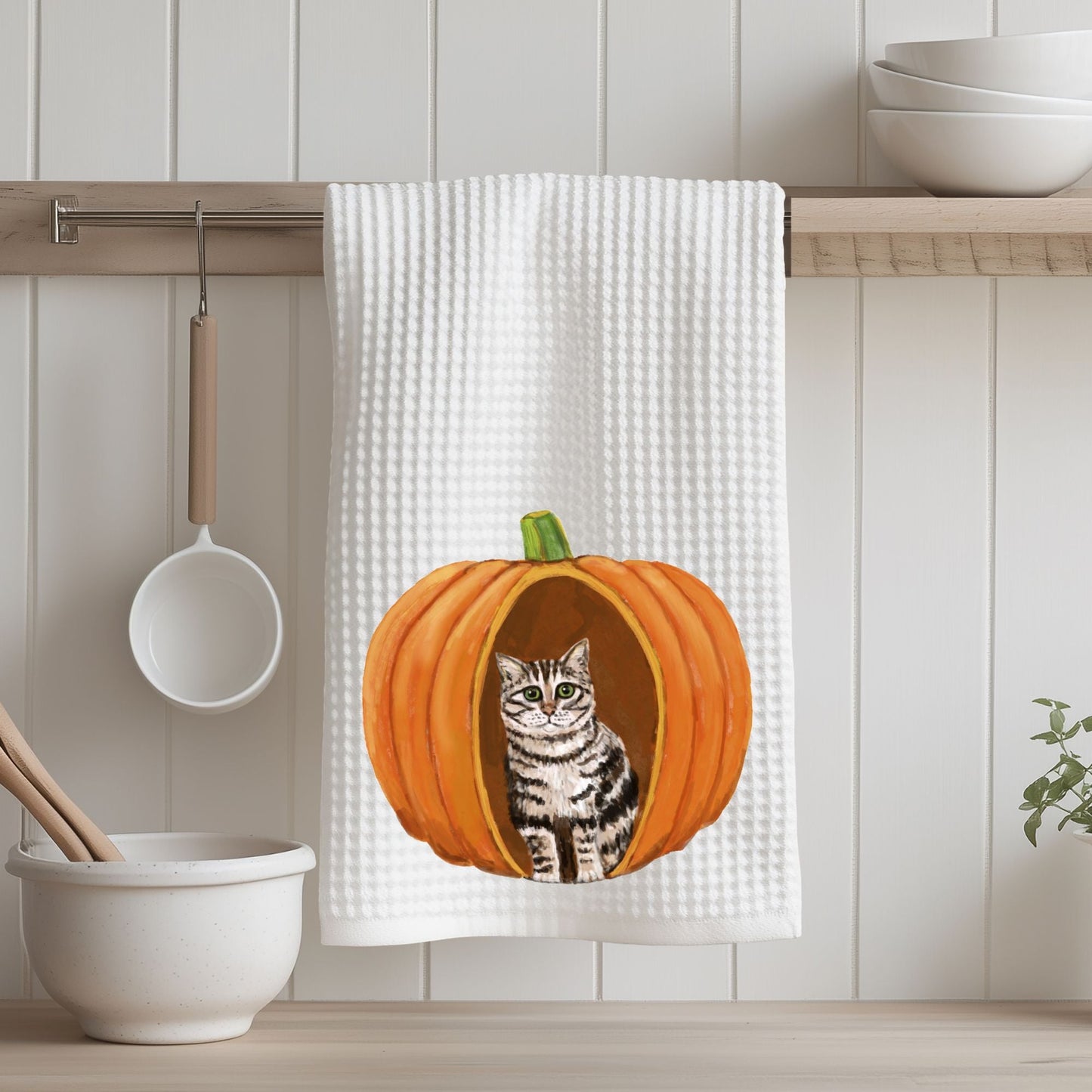 Gray Tabby Cat in Pumpkin Kitchen Towel - MerikaArt