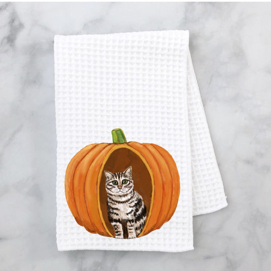 Gray Tabby Cat in Pumpkin Kitchen Towel - MerikaArt