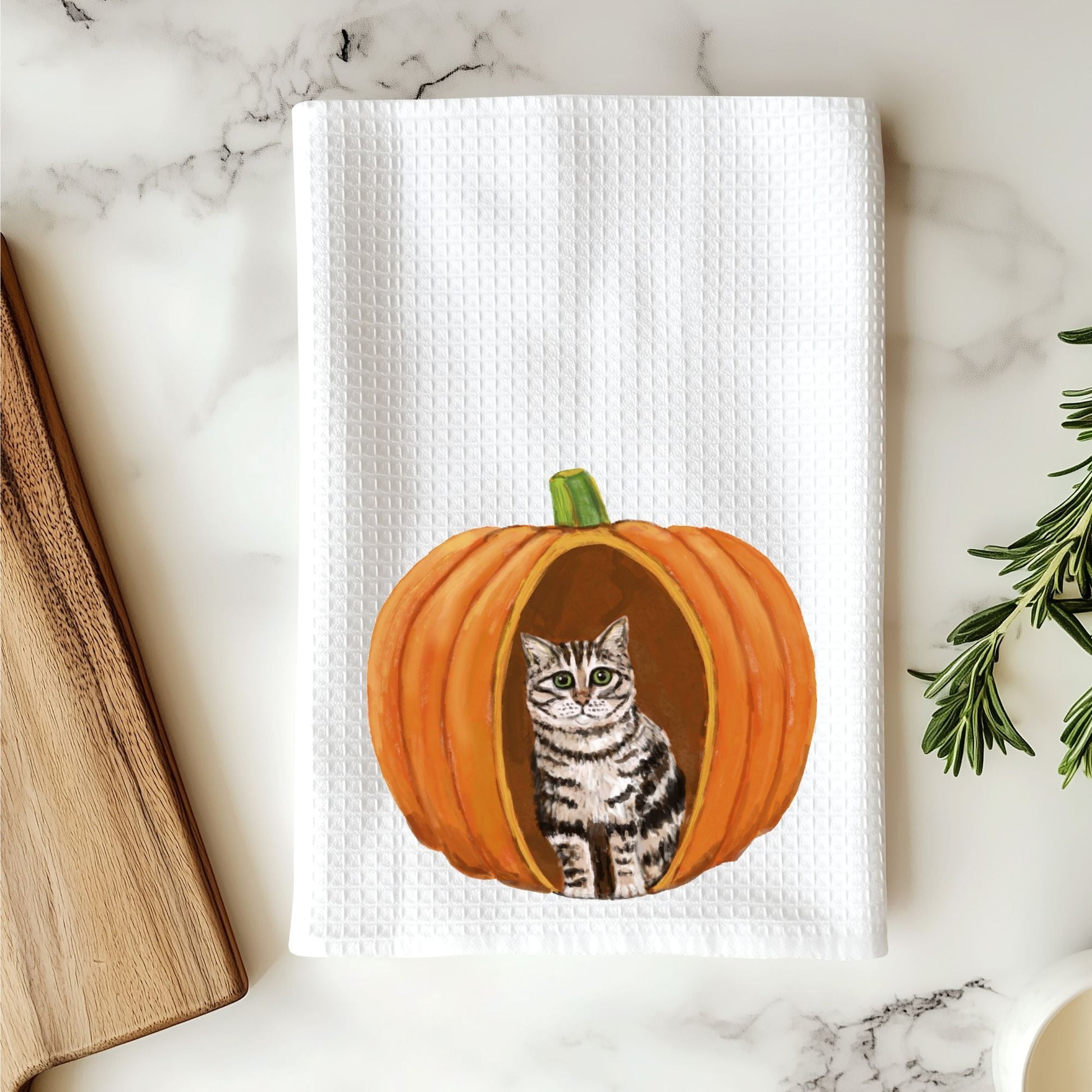Gray Tabby Cat in Pumpkin Kitchen Towel - MerikaArt