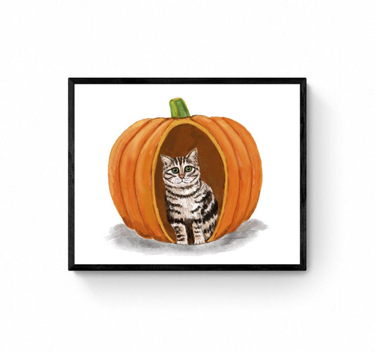 Gray Tabby Cat in Pumpkin Print, Halloween Cat Painting, Gray Cat Hiding in Pumpkin Portrait, Holiday Wall Art, Tabby Cat With Big Eyes - MerikaArt