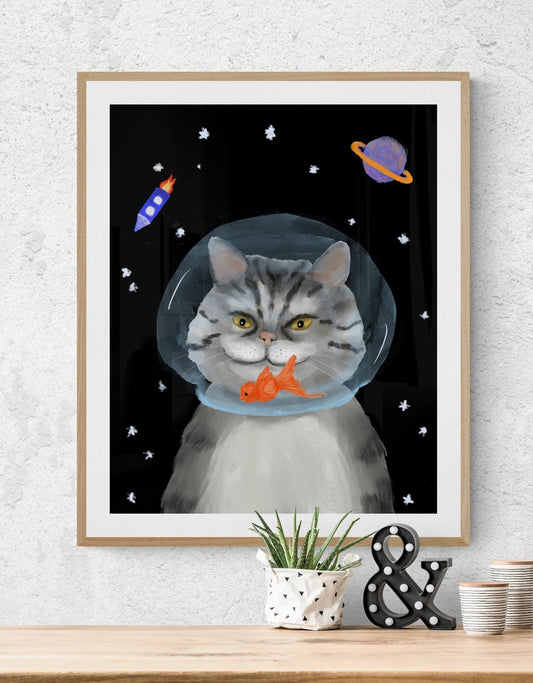 Gray Tabby Cat In Space Print - MerikaArt