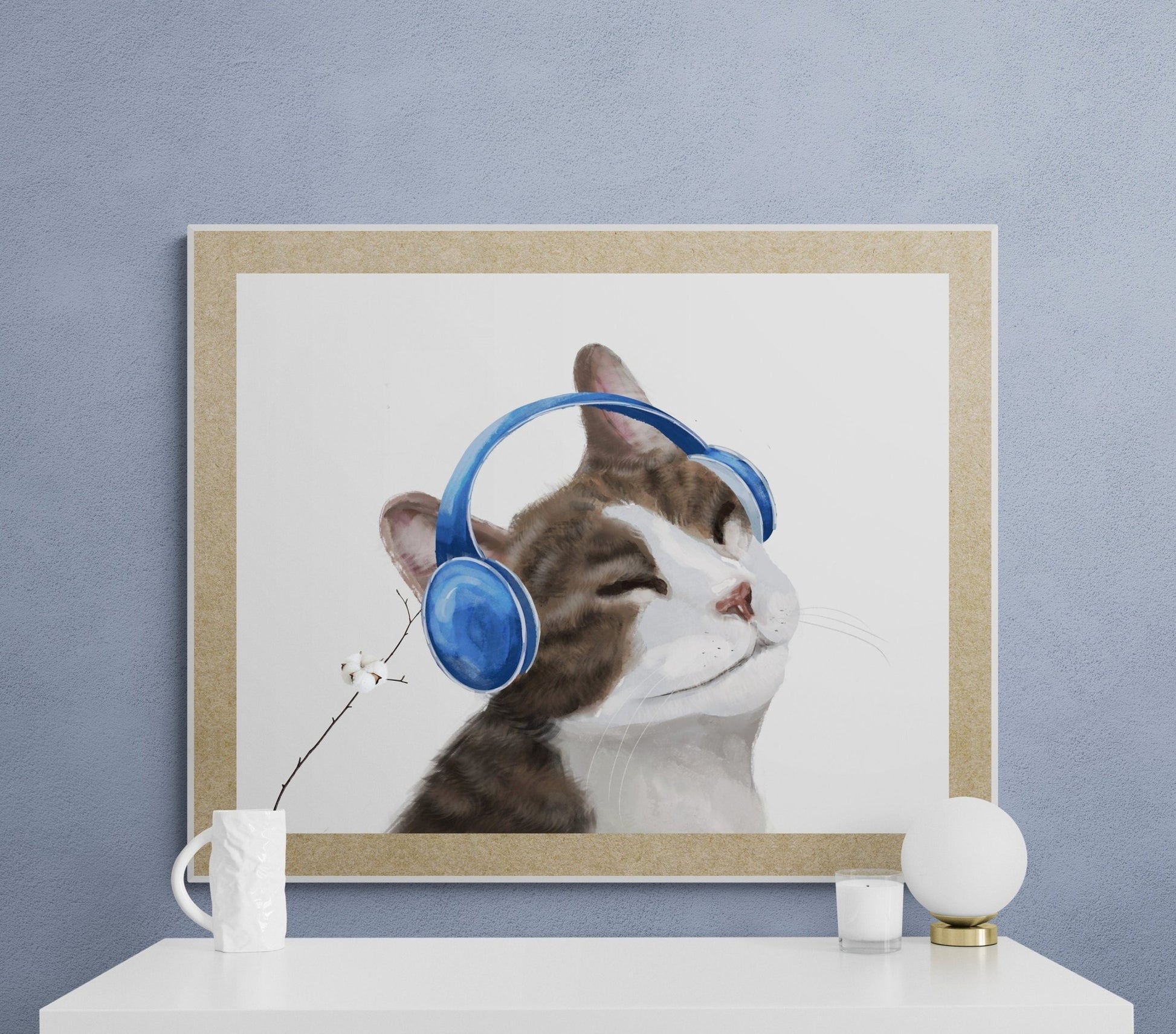 Gray Tabby Cat Listening Music With Headphones Print - MerikaArt