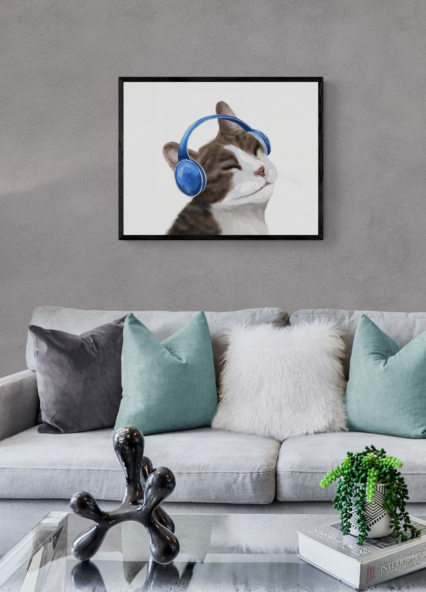 Gray Tabby Cat Listening Music With Headphones Print - MerikaArt