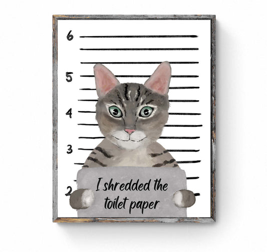 Gray Tabby Cat Mug Shot Print, Tabby Cat in Prison Artwork, Bathroom Painting, Cat With Toilet Paper Print, Cat Lover Gift, Funny Cat Gift - MerikaArt