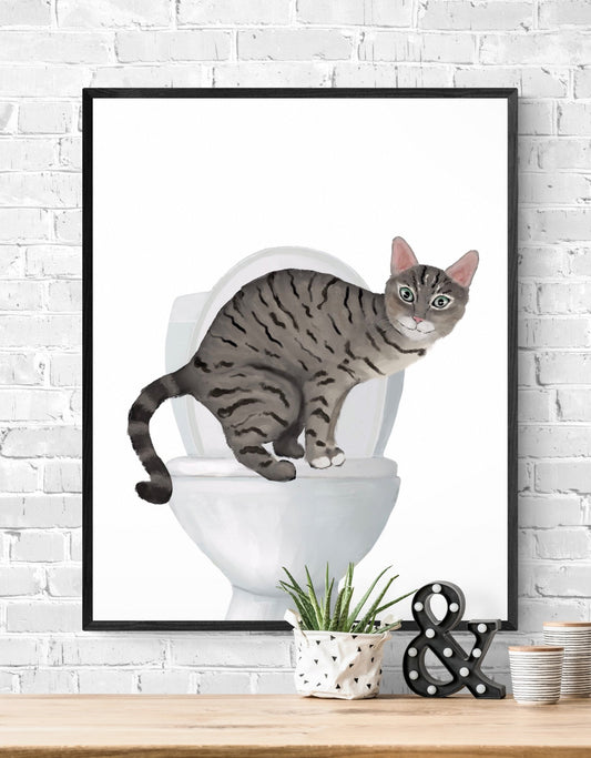 Gray Tabby Cat on Toilet Art Print – Whimsical Bathroom Decor - MerikaArt