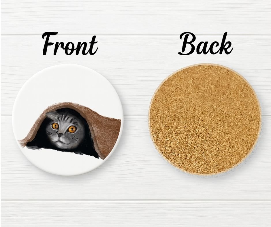 Gray Tabby Cat Under Blanket Ceramic Coaster - MerikaArt