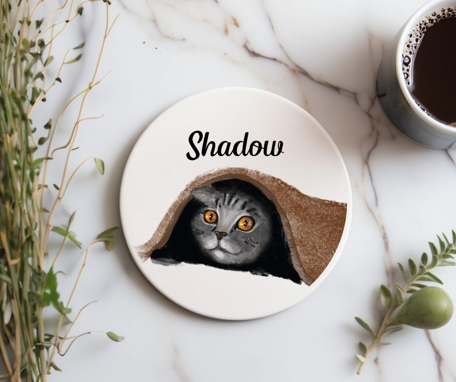 Gray Tabby Cat Under Blanket Ceramic Coaster - MerikaArt