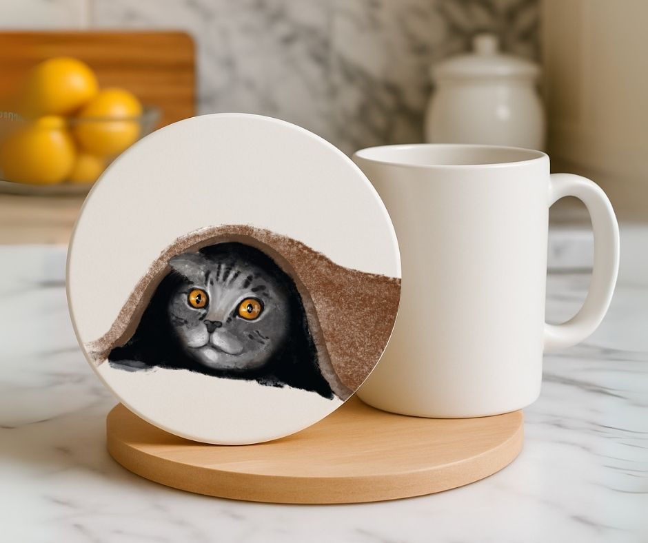 Gray Tabby Cat Under Blanket Ceramic Coaster - MerikaArt