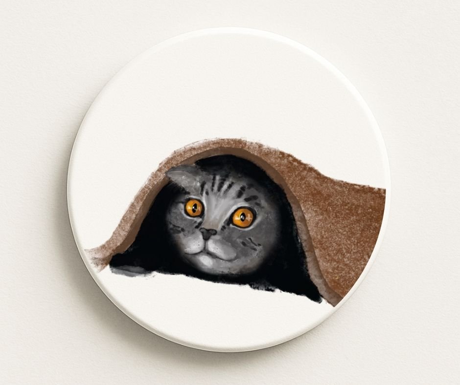 Gray Tabby Cat Under Blanket Ceramic Coaster - MerikaArt