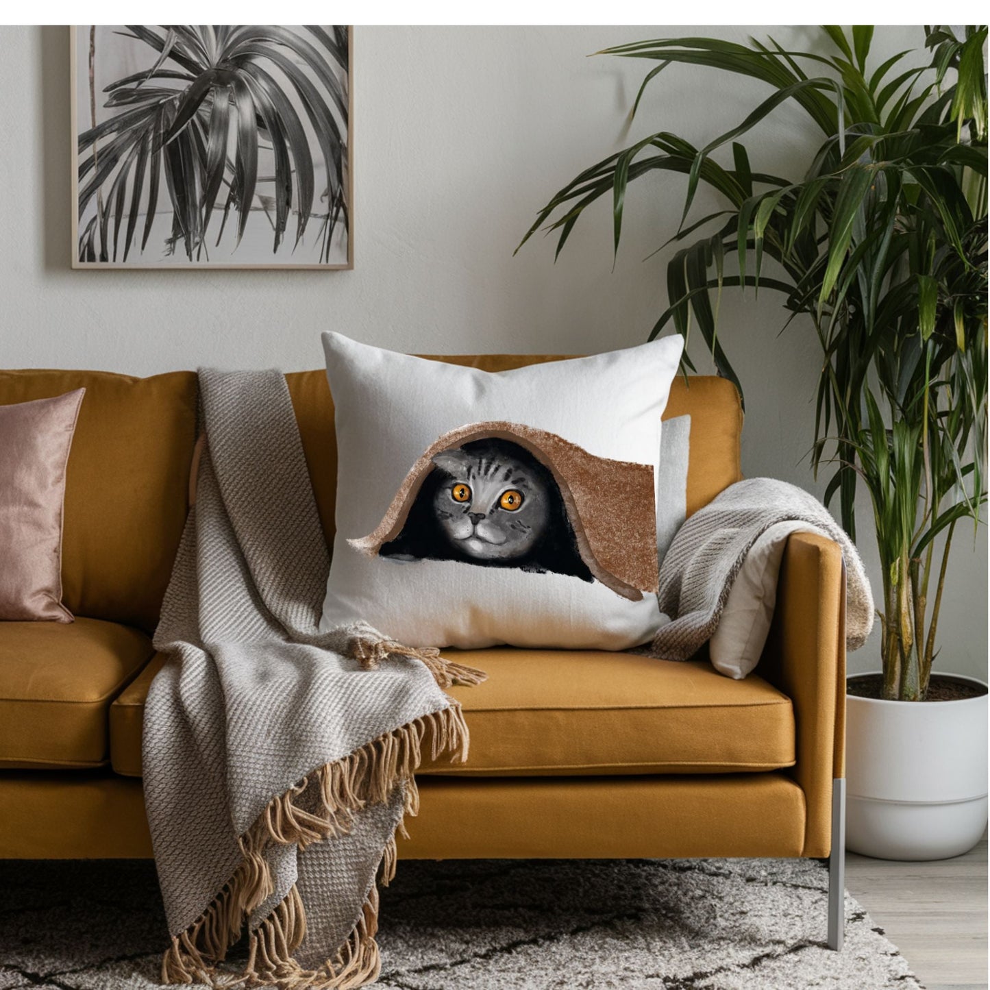 Gray Tabby Cat Under Blanket Pillow - MerikaArt