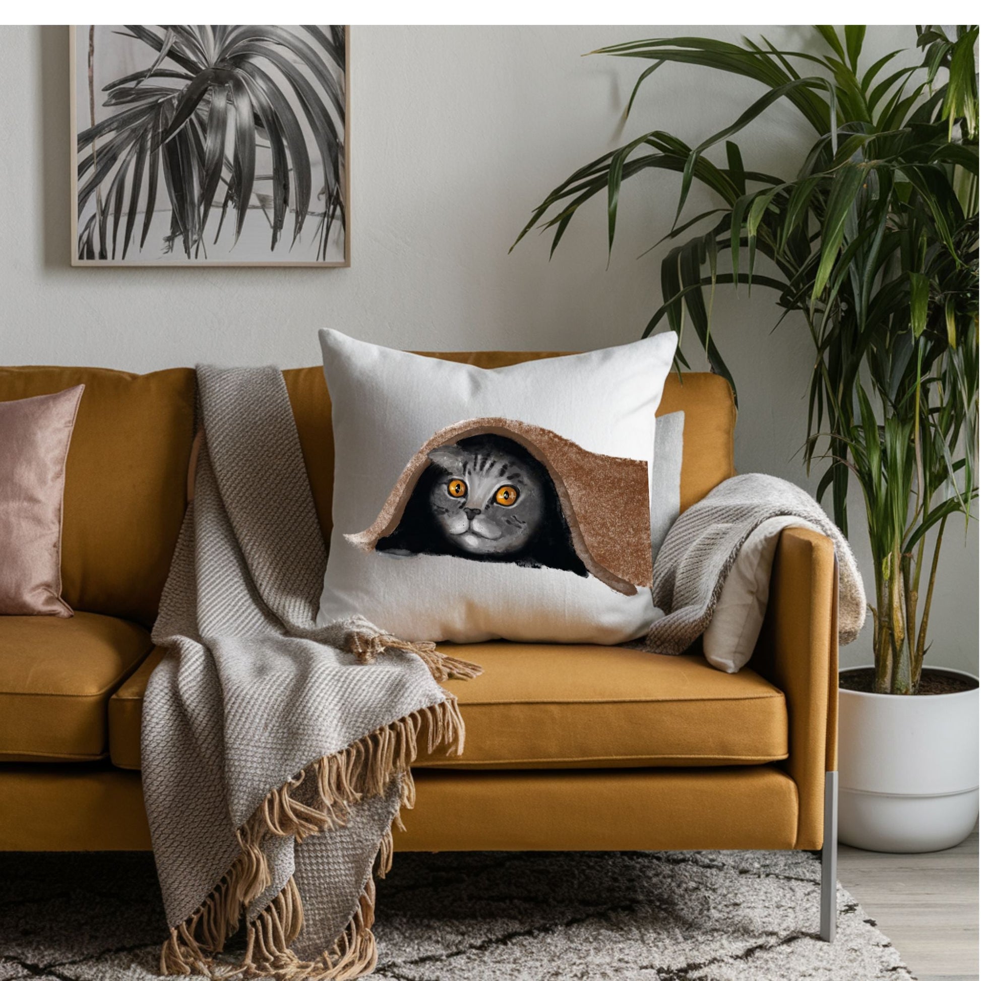 Gray Tabby Cat Under Blanket Pillow - MerikaArt