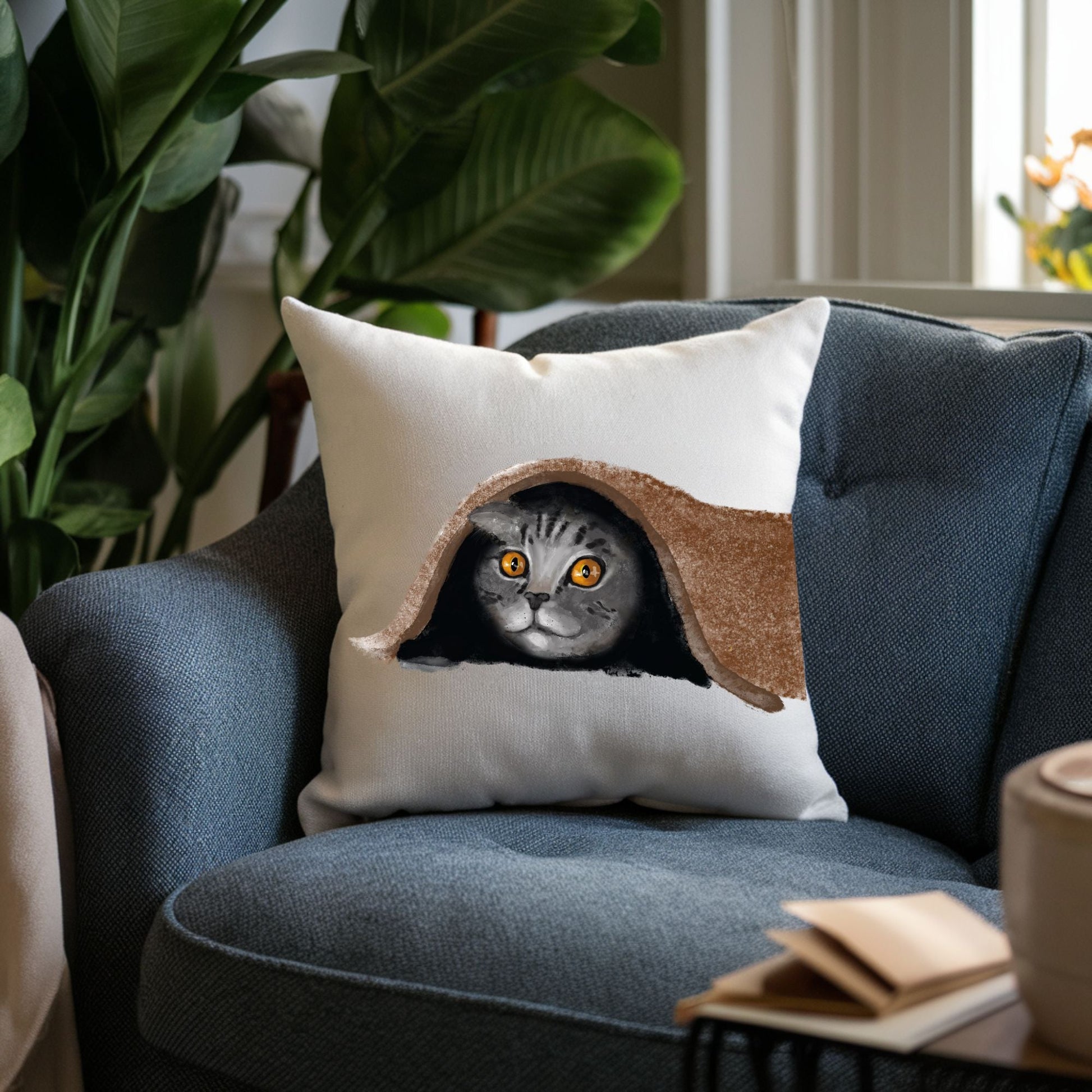 Gray Tabby Cat Under Blanket Pillow - MerikaArt