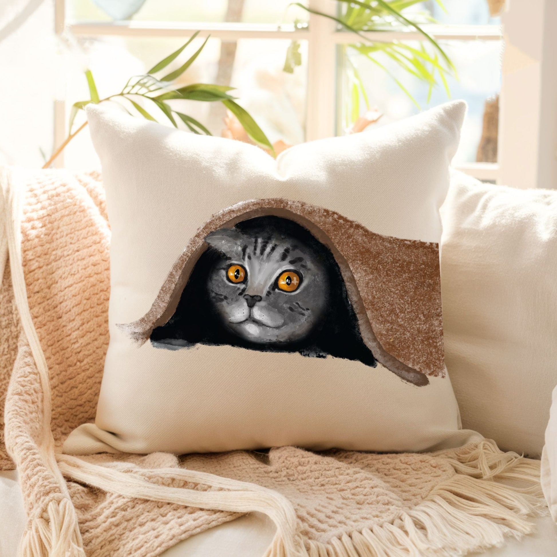 Gray Tabby Cat Under Blanket Pillow - MerikaArt