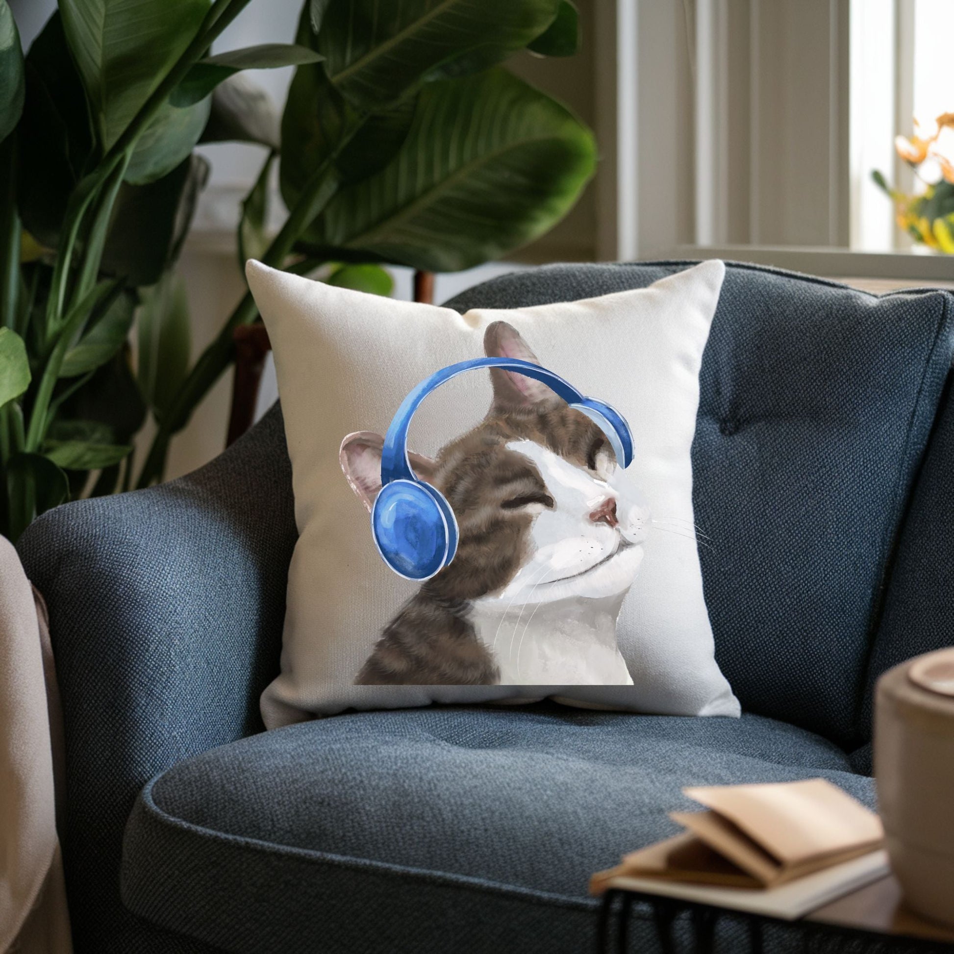 Gray Tabby Cat with Headphones Pillow - MerikaArt