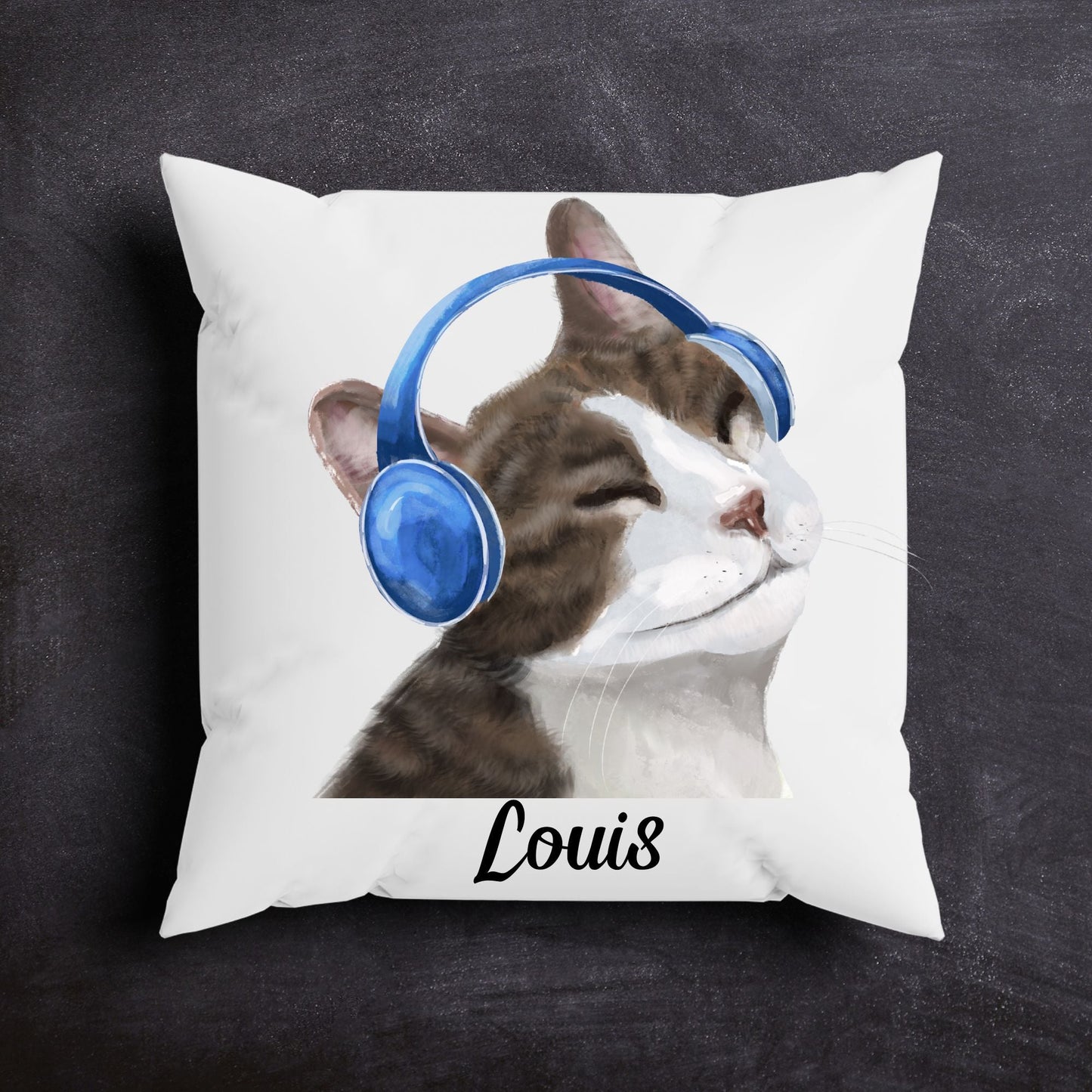 Gray Tabby Cat with Headphones Pillow - MerikaArt