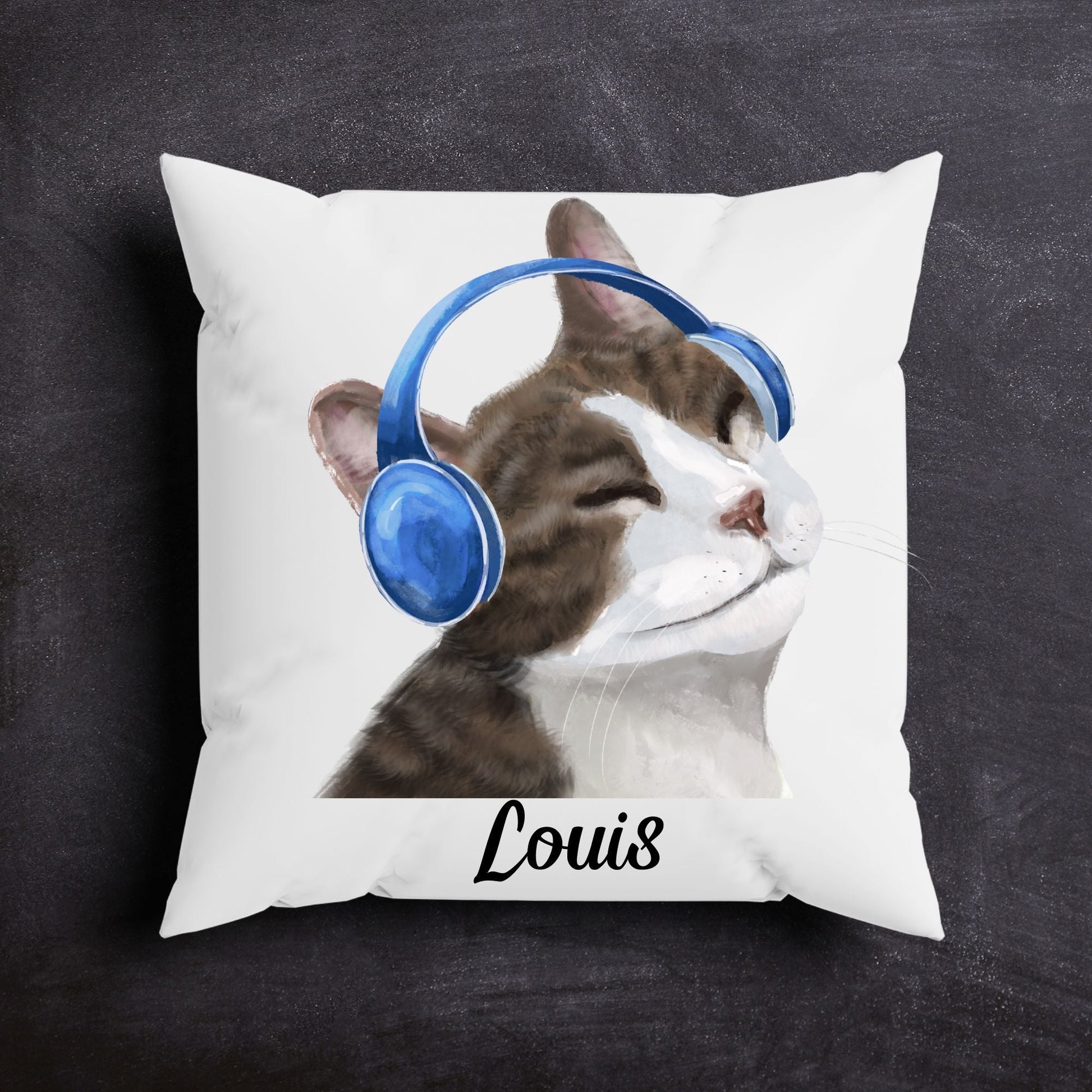 Gray Tabby Cat with Headphones Pillow - MerikaArt