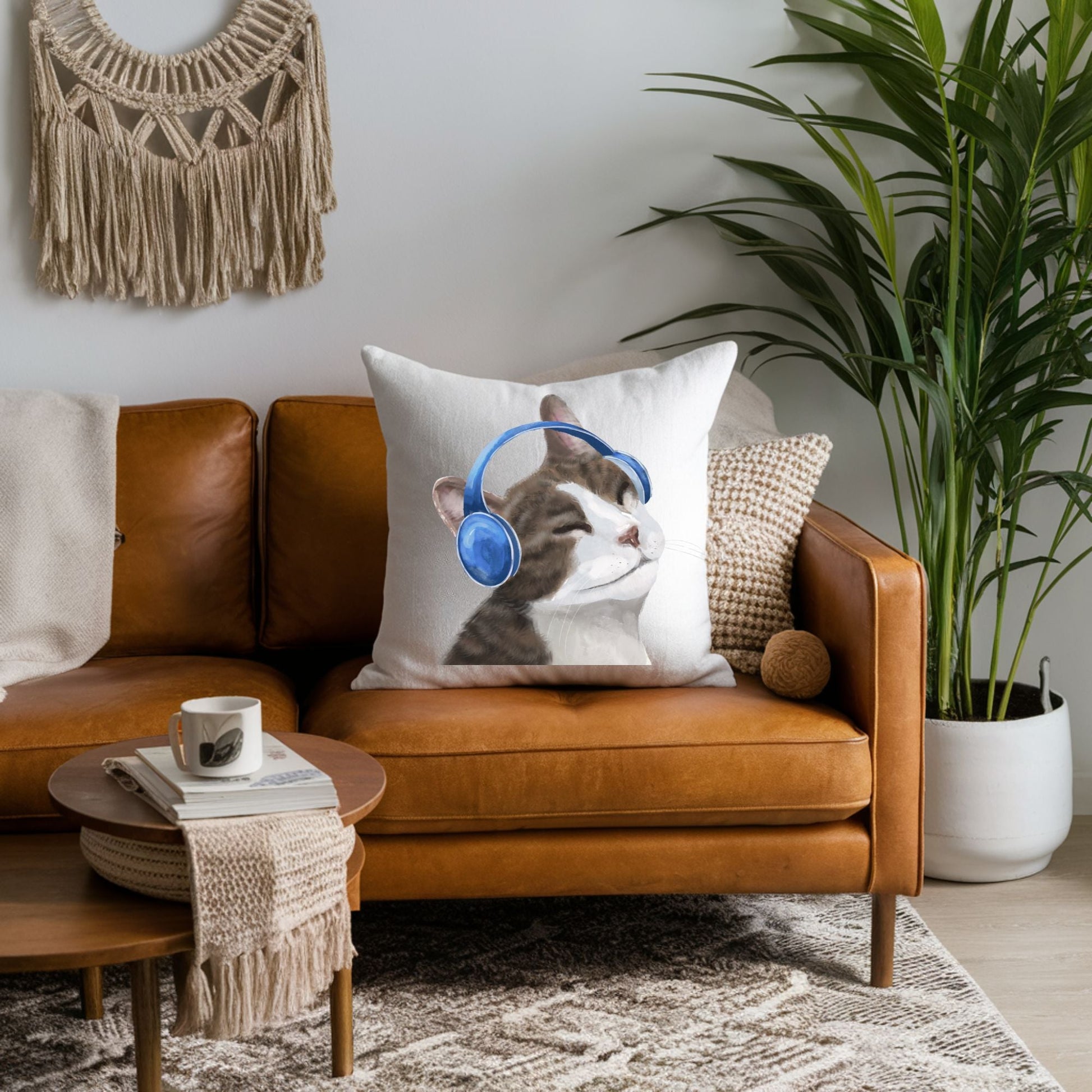 Gray Tabby Cat with Headphones Pillow - MerikaArt