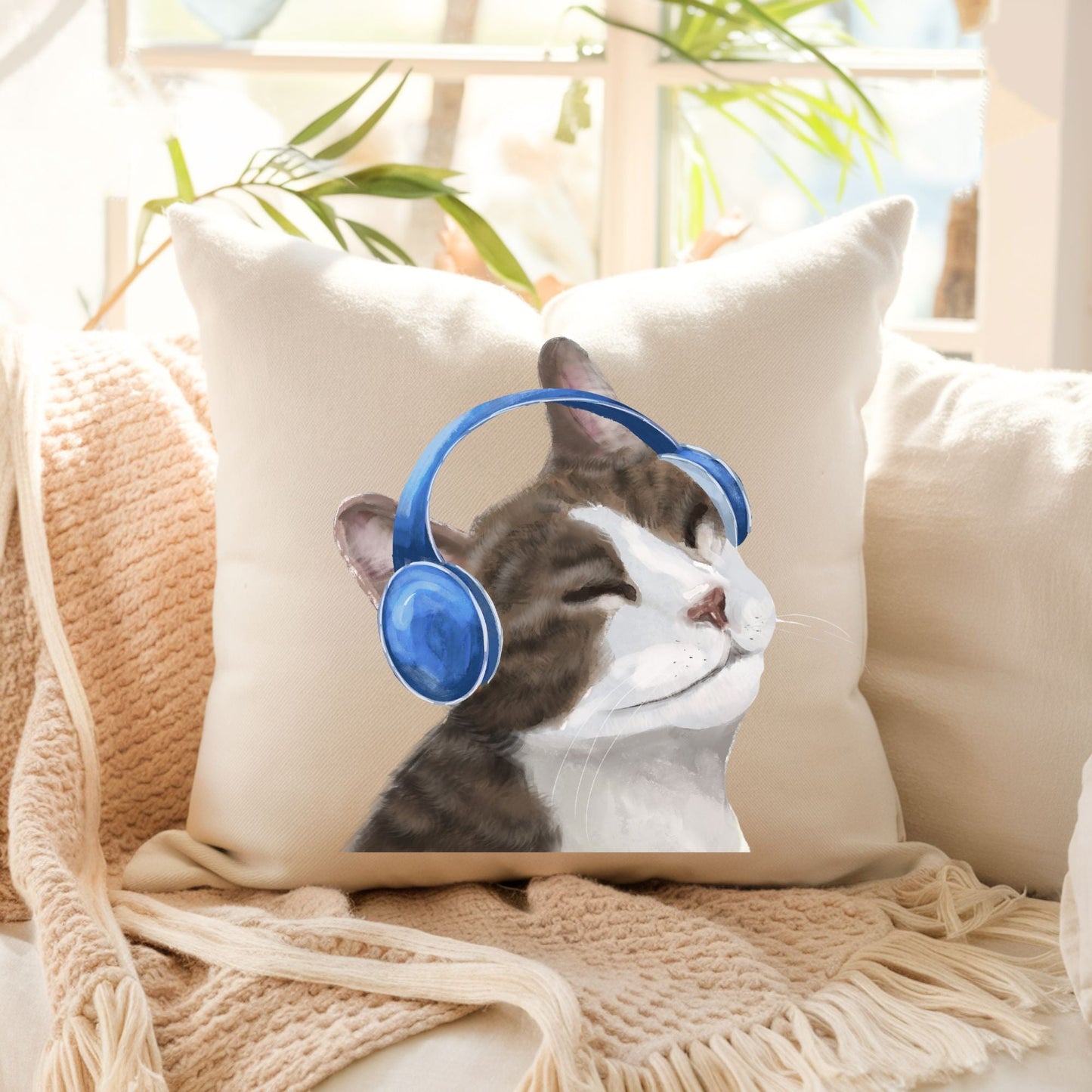 Gray Tabby Cat with Headphones Pillow - MerikaArt