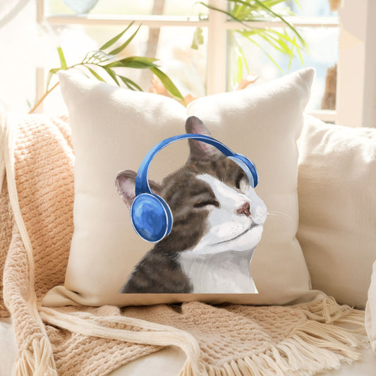 Gray Tabby Cat with Headphones Pillow - MerikaArt