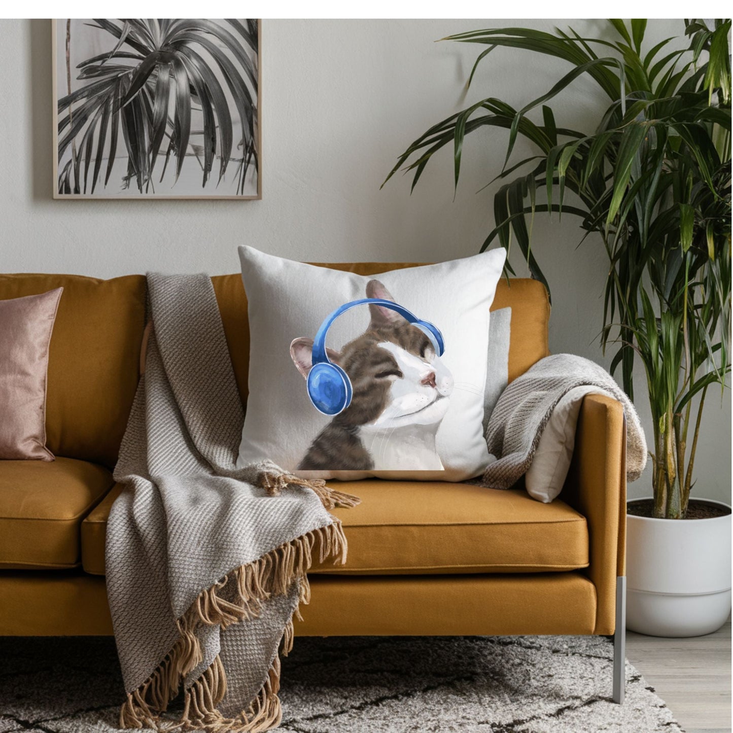 Gray Tabby Cat with Headphones Pillow - MerikaArt