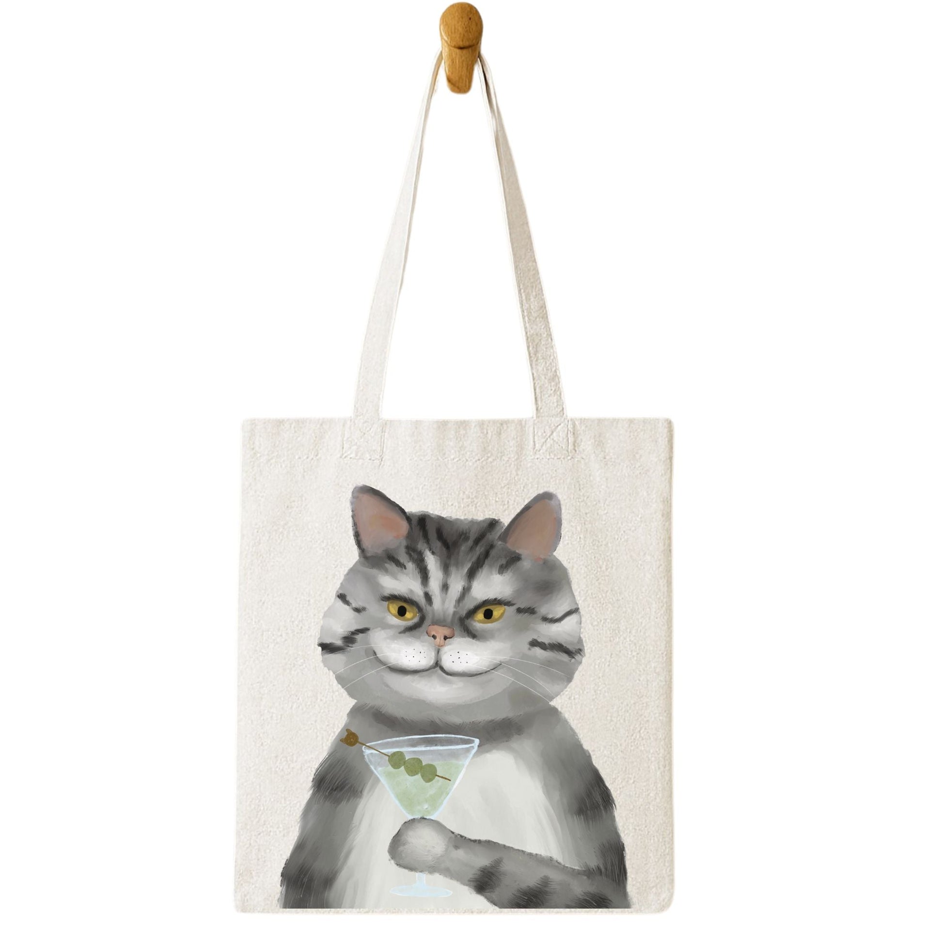Gray Tabby Cat with Martini Canvas Tote Bag - MerikaArt