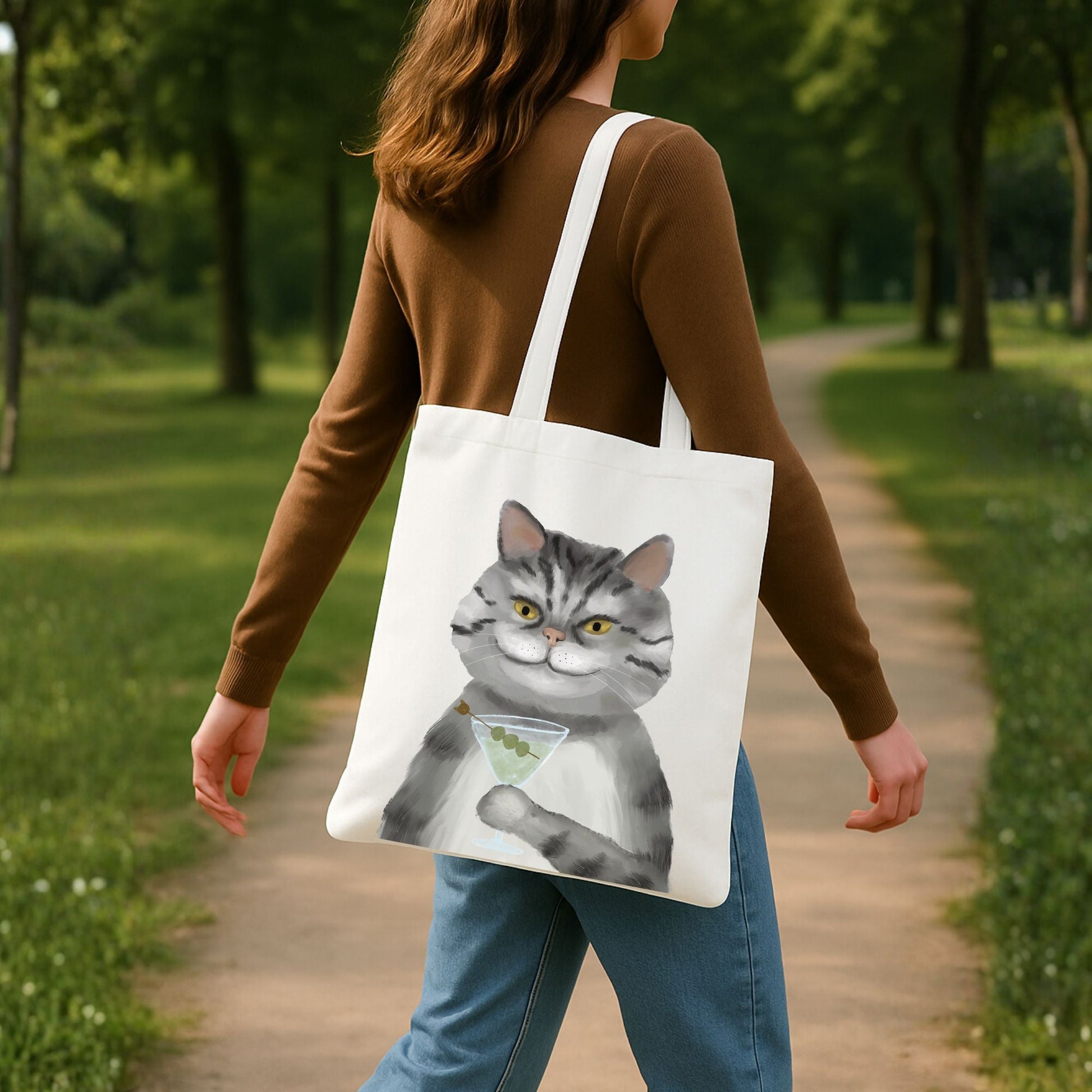 Gray Tabby Cat with Martini Canvas Tote Bag - MerikaArt