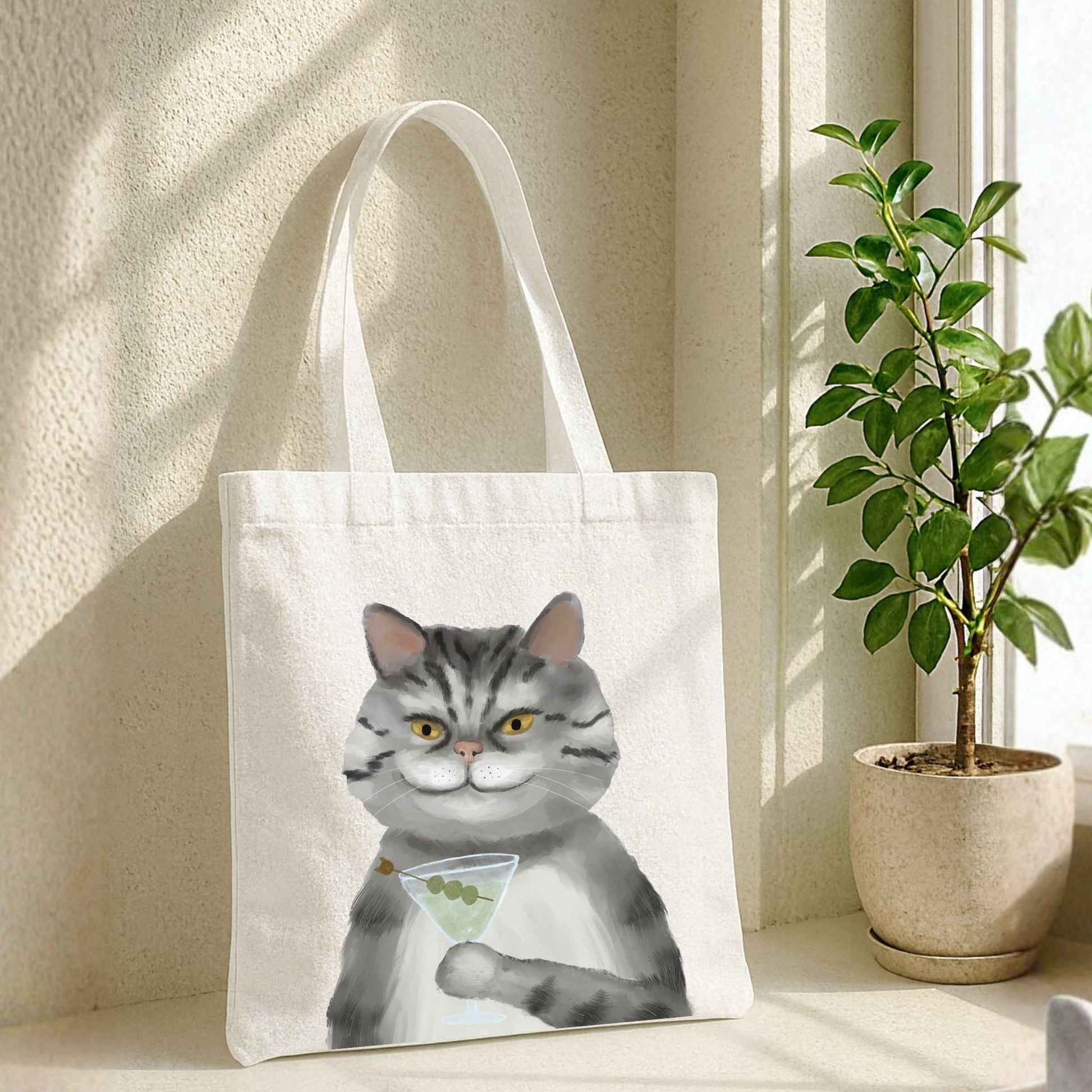 Gray Tabby Cat with Martini Canvas Tote Bag - MerikaArt