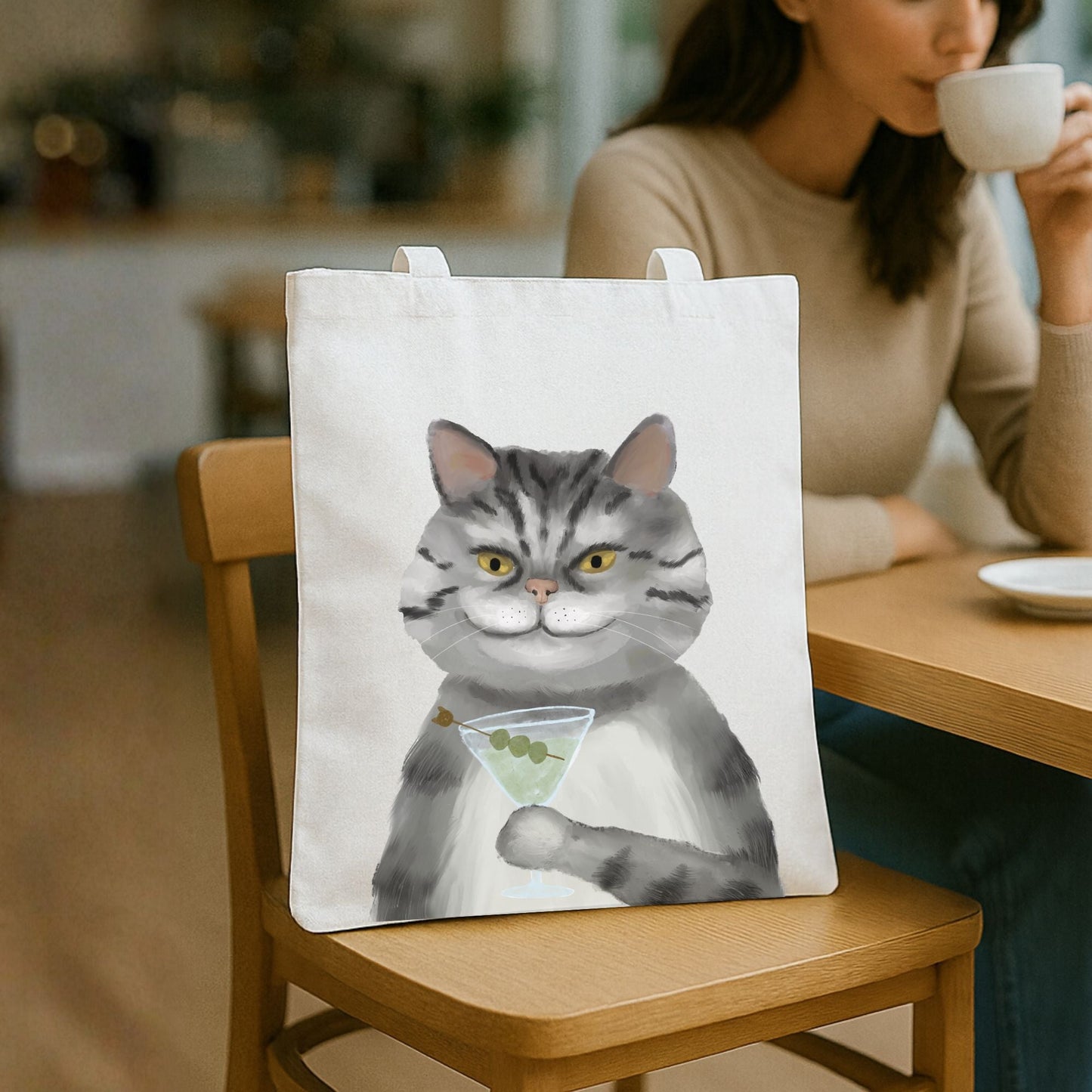 Gray Tabby Cat with Martini Canvas Tote Bag - MerikaArt