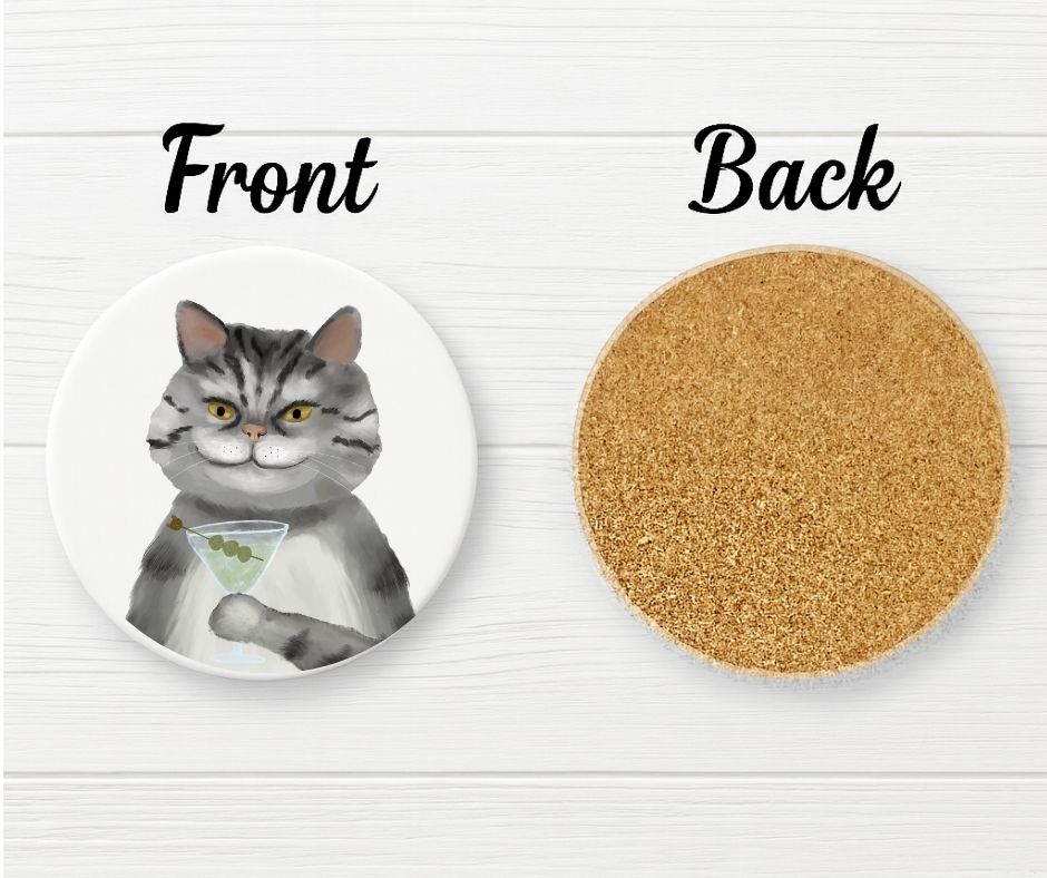 Gray Tabby Cat with Martini Ceramic Coaster - MerikaArt
